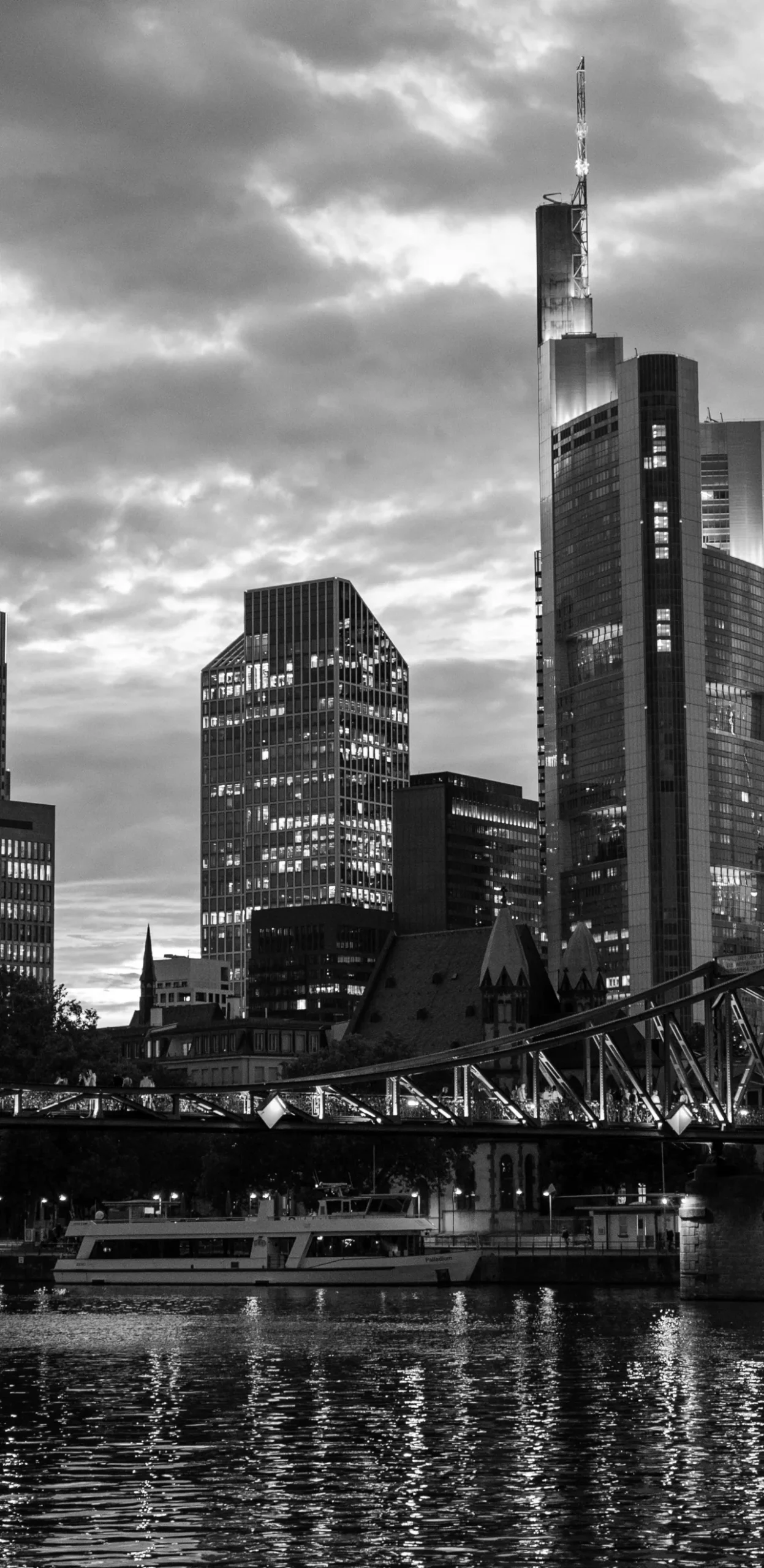 Frankfurt skyline and the Main river at dusk
