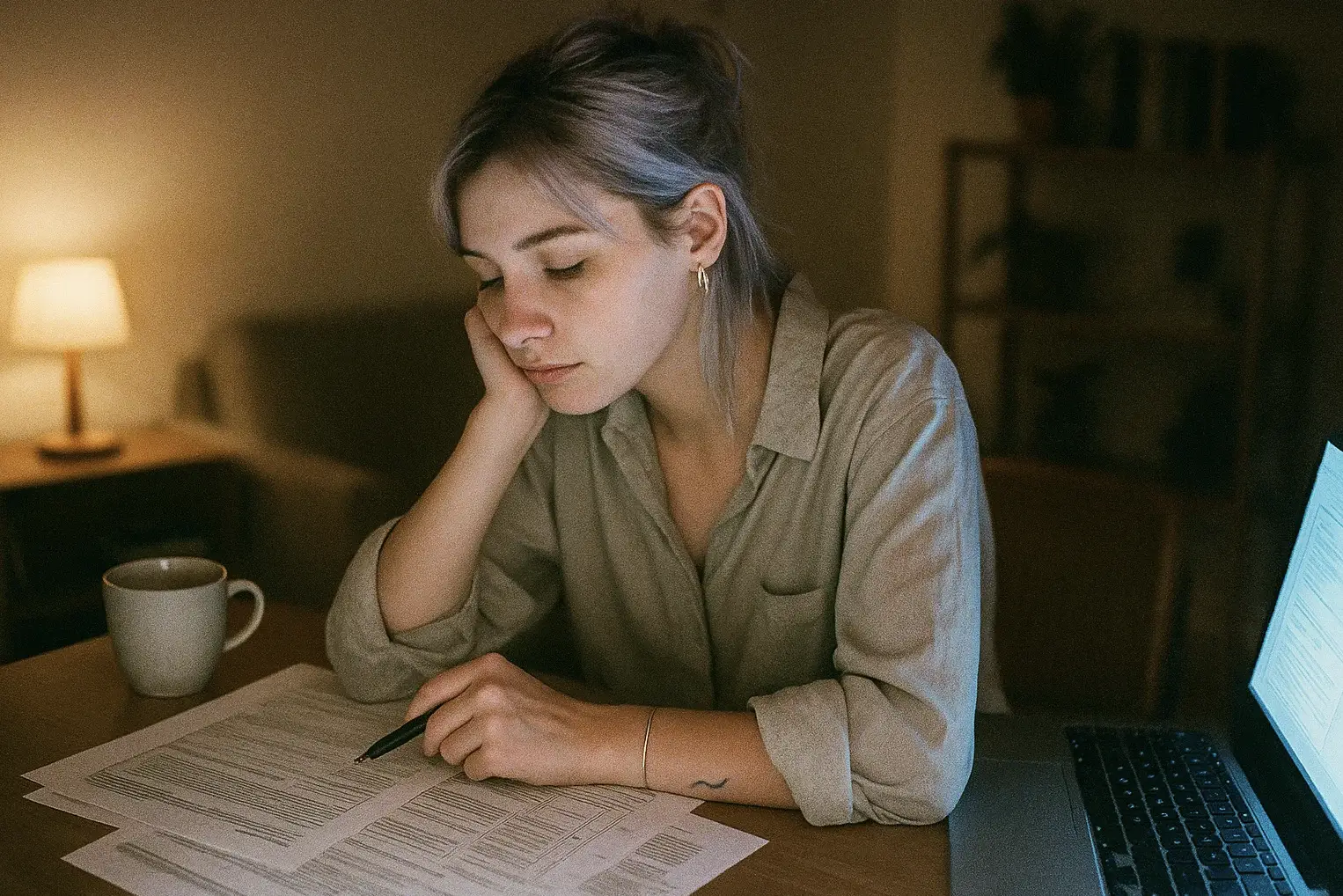 A freelancer reviewing tax paperwork at a desk in the evening