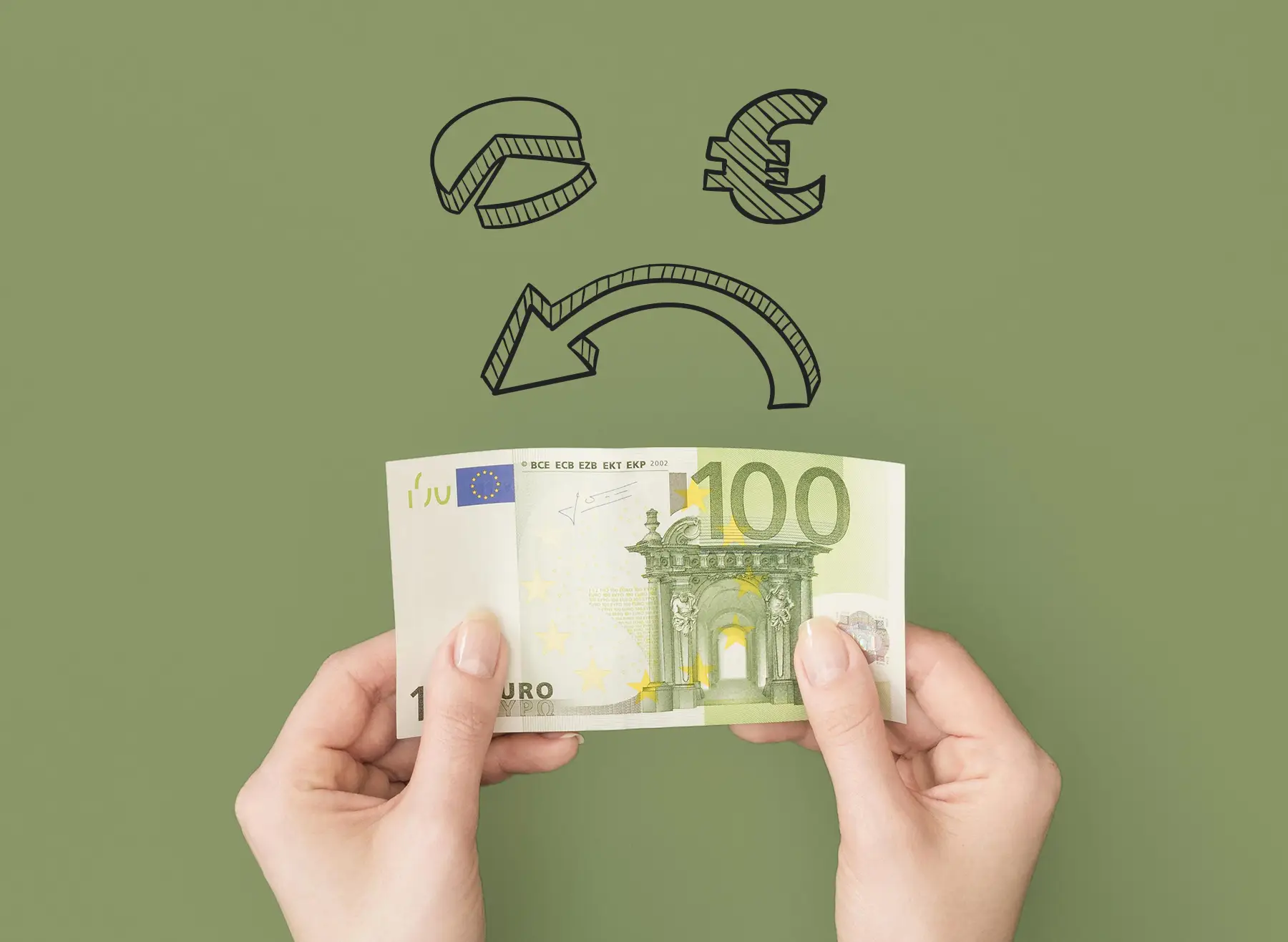 Hands holding a 100-euro note with gross-to-net sketches